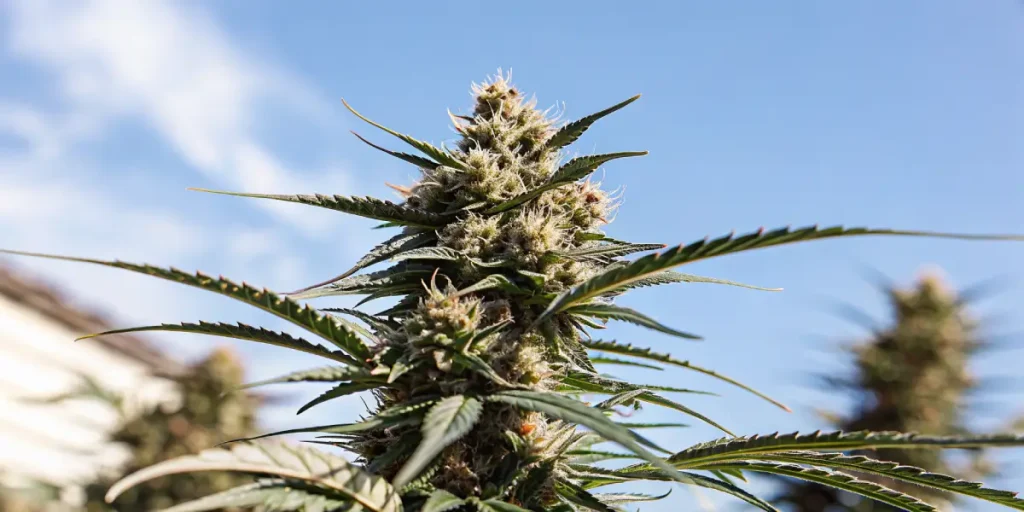Gros plan d’un cola de cannabis résineux en extérieur sous un ciel bleu.