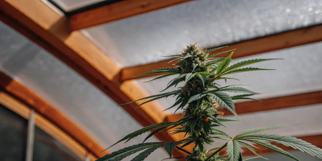 Cannabis flowering plant growing inside a greenhouse with a wooden roof and visible buds.