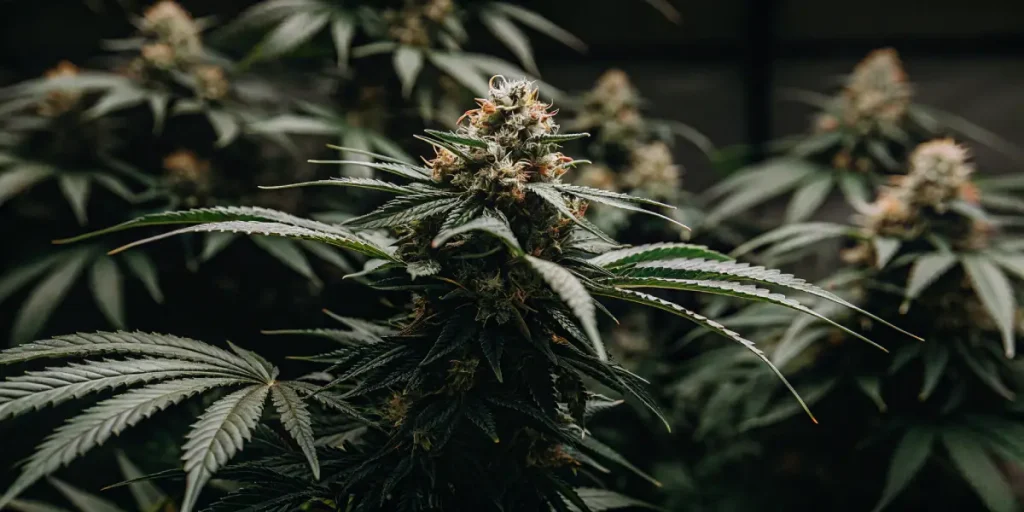 Plante de cannabis en pleine floraison en intérieur avec des têtes denses et couvertes de trichomes.