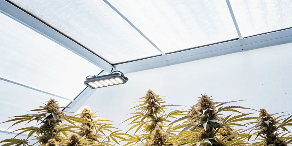 Plantes de cannabis en pleine floraison sous éclairage LED dans une serre lumineuse et moderne.