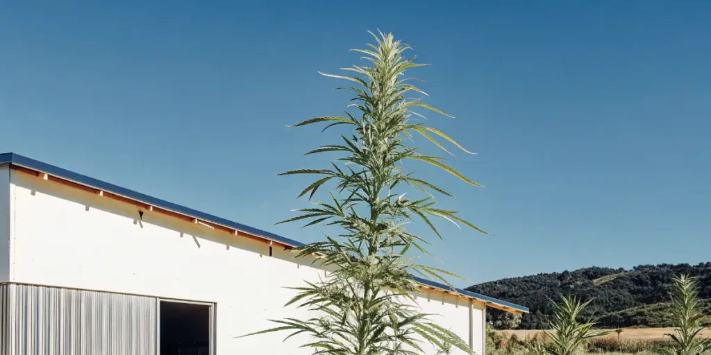 Carma outdoor tall plant très élancée devant un bâtiment blanc sous ciel bleu clair.