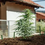 Carma outdoor young plant poussant dans un lit de terre sous un toit rural en plein soleil.