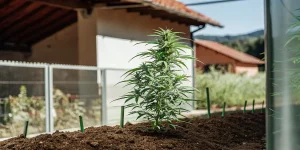 Carma outdoor young plant poussant dans un lit de terre sous un toit rural en plein soleil.