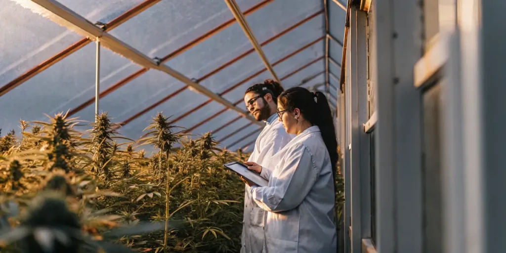 Chercheurs observant des plantes de cannabis en serre, tenant une tablette au milieu d’une culture dense.
