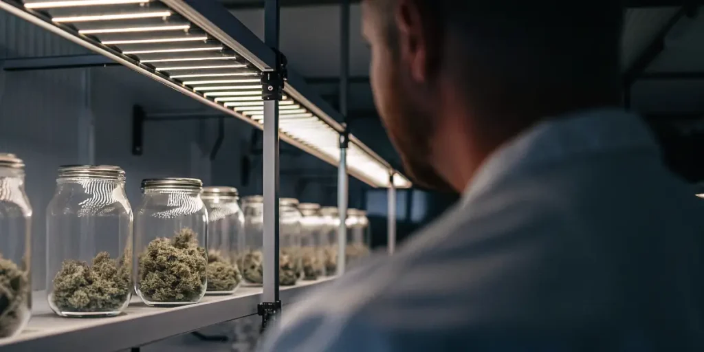 Contrôle qualité du cannabis en laboratoire moderne avec des bocaux alignés contenant des fleurs soigneusement sélectionnées.