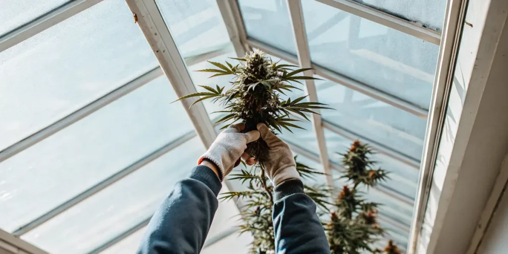 Cultivateur récoltant une tête de cannabis en serre, tenant la plante à bout de bras sous lumière naturelle.