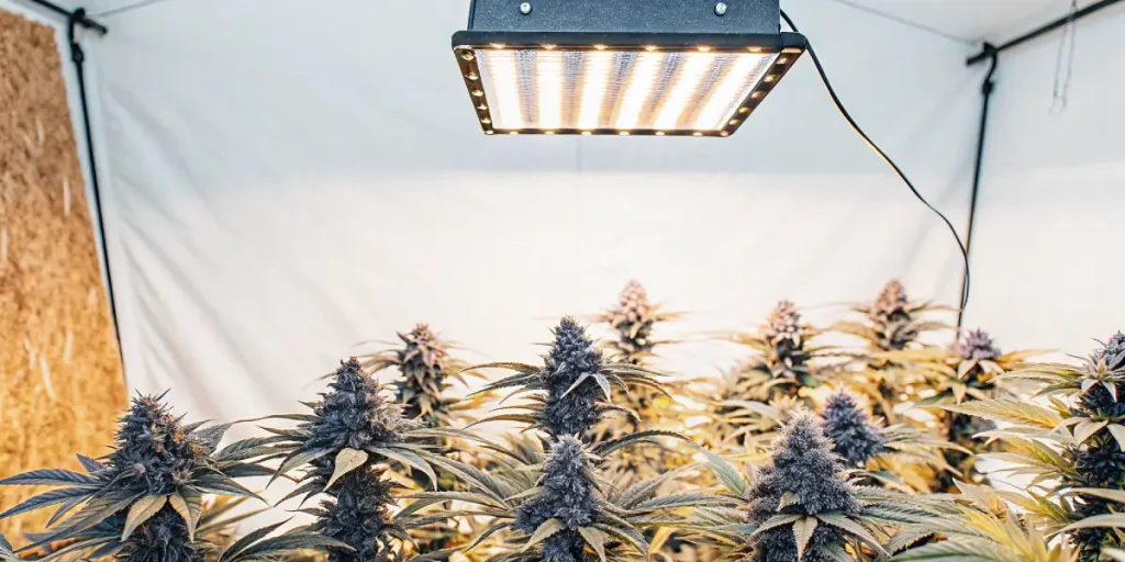 Culture de cannabis en intérieur avec éclairage LED moderne, idéale pour contrôler la floraison, la croissance et la qualité des têtes.
