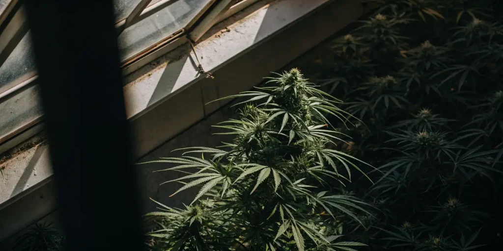 Culture de cannabis verte en serre avec plantes en floraison et feuillage dense sous structure vitrée.