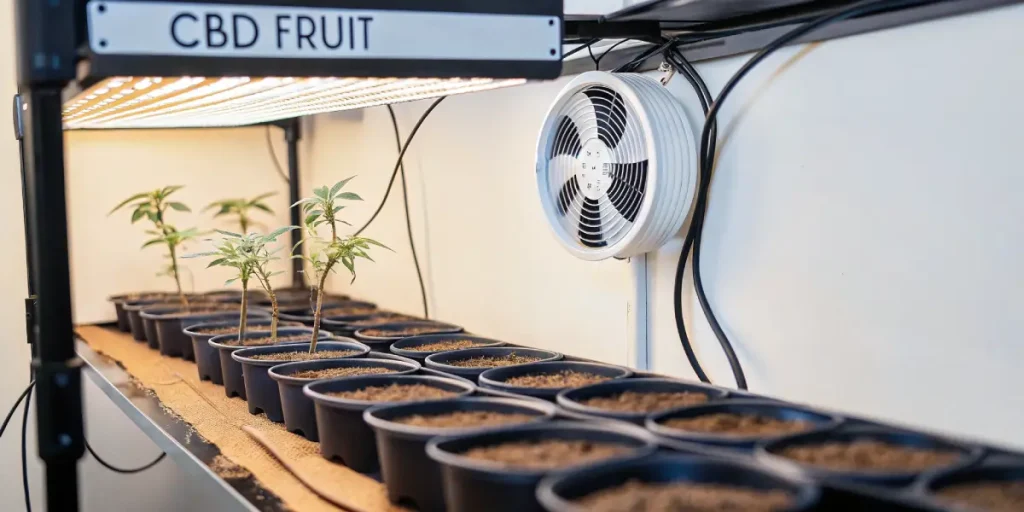 Culture indoor de cannabis CBD en pots alignés sous éclairage LED avec système de ventilation.