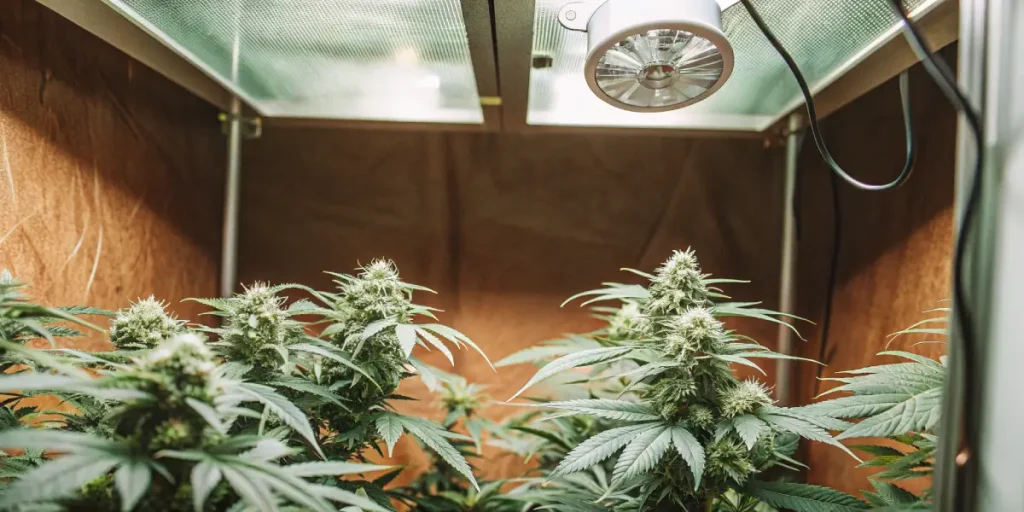 Culture intérieure cannabis floraison LED avec plantes couvertes de têtes denses sous éclairage.