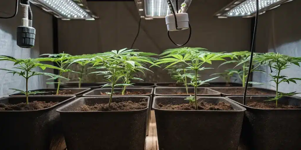 Petits plants de cannabis en pots alignés sous éclairage LED dans une tente de culture.