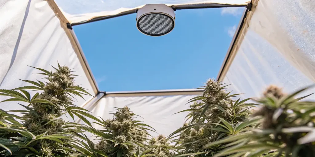 Culture intérieure de cannabis sous bâche protectrice avec têtes fleuries et système de ventilation central