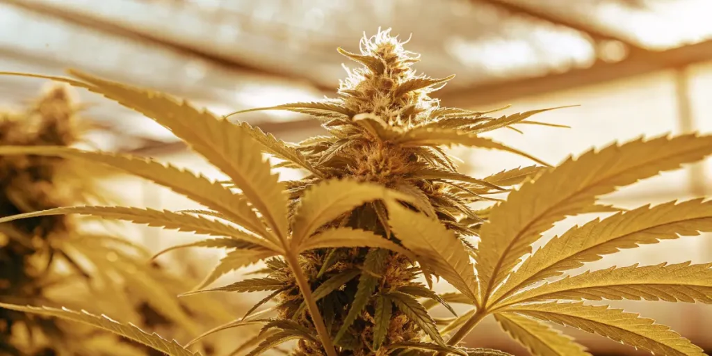 dichte cannabis-hauptblüte im gewächshaus unter warmem gelbem licht während der blütephase