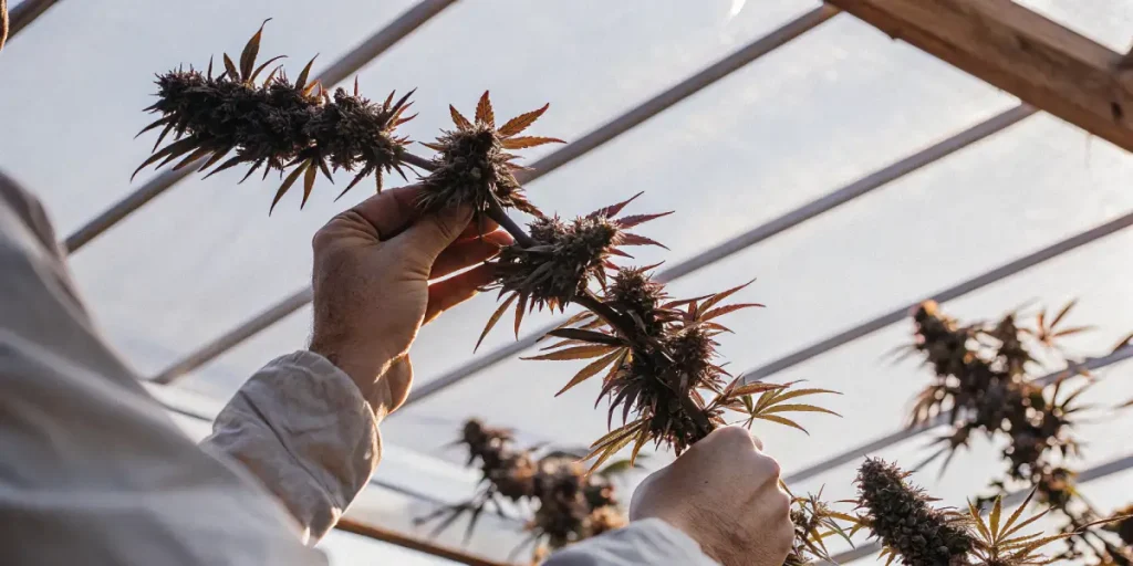 Examen de têtes de cannabis matures tenu à la main dans une serre avec feuilles aux teintes rouges.