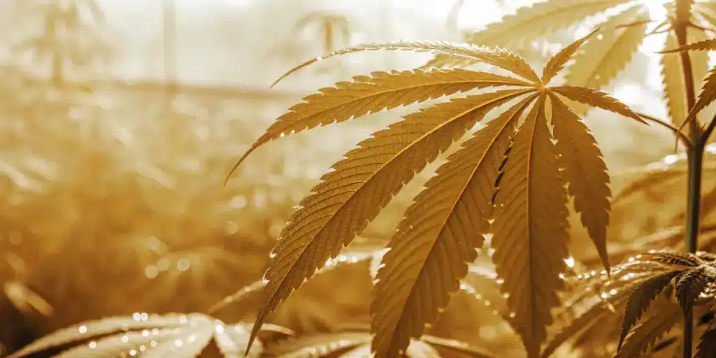 Feuille de cannabis jaunissante exposée à une lumière intense, signe possible de stress environnemental ou de carence.