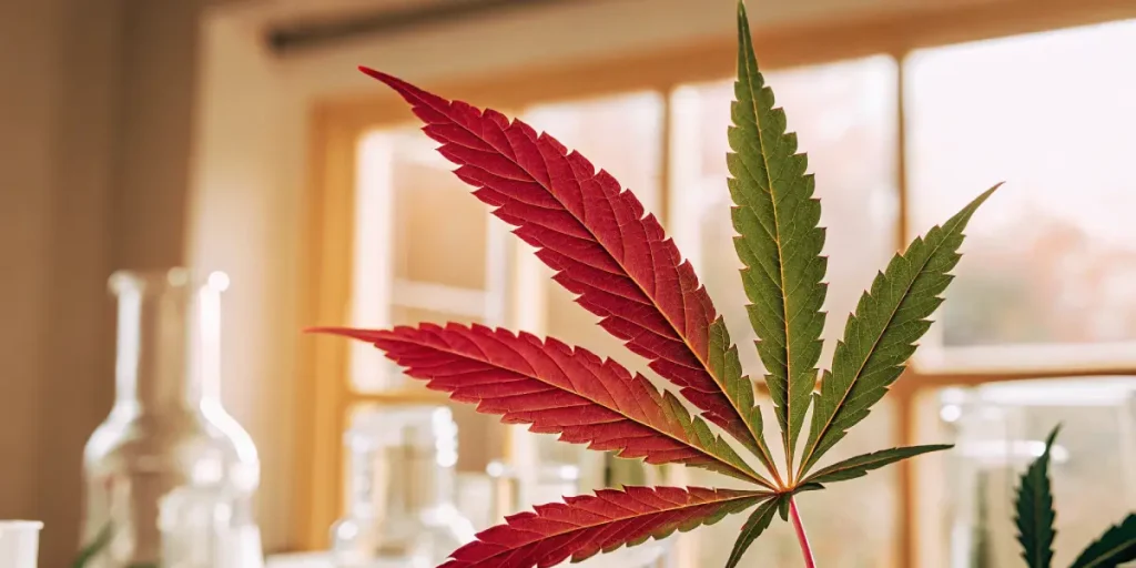 Feuille de cannabis rouge et verte illustrant une variation de couleur naturelle liée à la génétique ou à l’environnement.