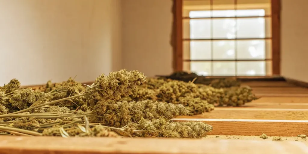 Fleurs de cannabis en cours de séchage sur des tables en bois à l’intérieur