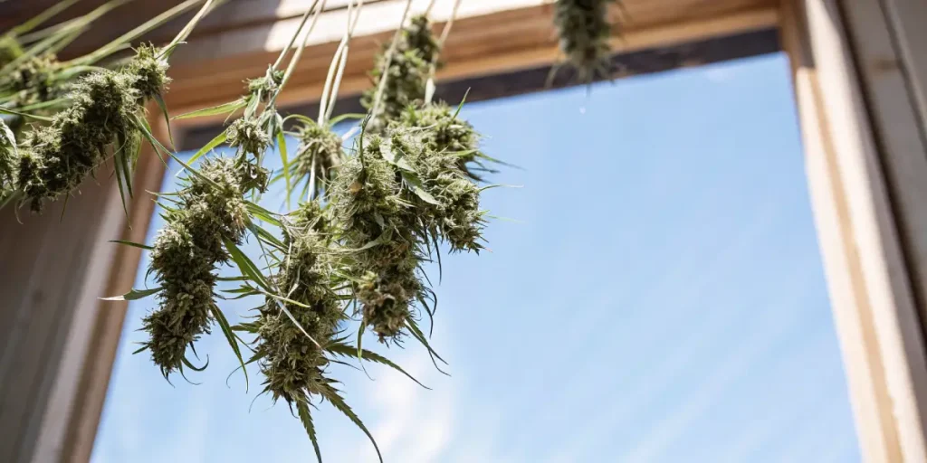 Fleurs de cannabis suspendues pendant le processus de séchage, alignées près d'une fenêtre avec une lumière naturelle.