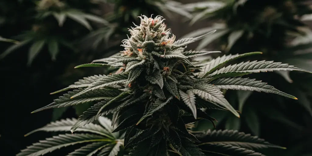 Frosty cannabis bud closeup avec tête dense couverte de trichomes et pistils orange.