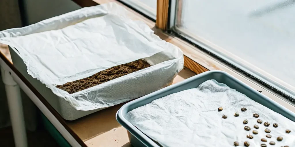 Graines de cannabis en germination posées sur des serviettes en papier humides près d’une fenêtre.