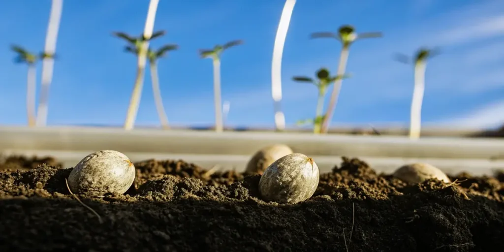 Gros plan de graines de cannabis posées sur un sol fertile, avec de jeunes pousses en arrière-plan sous serre.