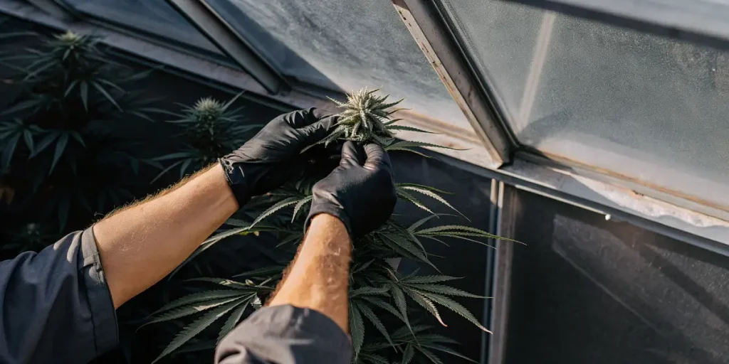 Gloved hands carefully inspecting a mature cannabis bud inside a greenhouse during the flowering stage.