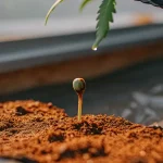 graine de cannabis en germination émergeant d’un sol humide, illustrant la première étape du cycle de croissance de la plante dans un environnement contrôlé.