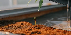 graine de cannabis en germination émergeant d’un sol humide, illustrant la première étape du cycle de croissance de la plante dans un environnement contrôlé.