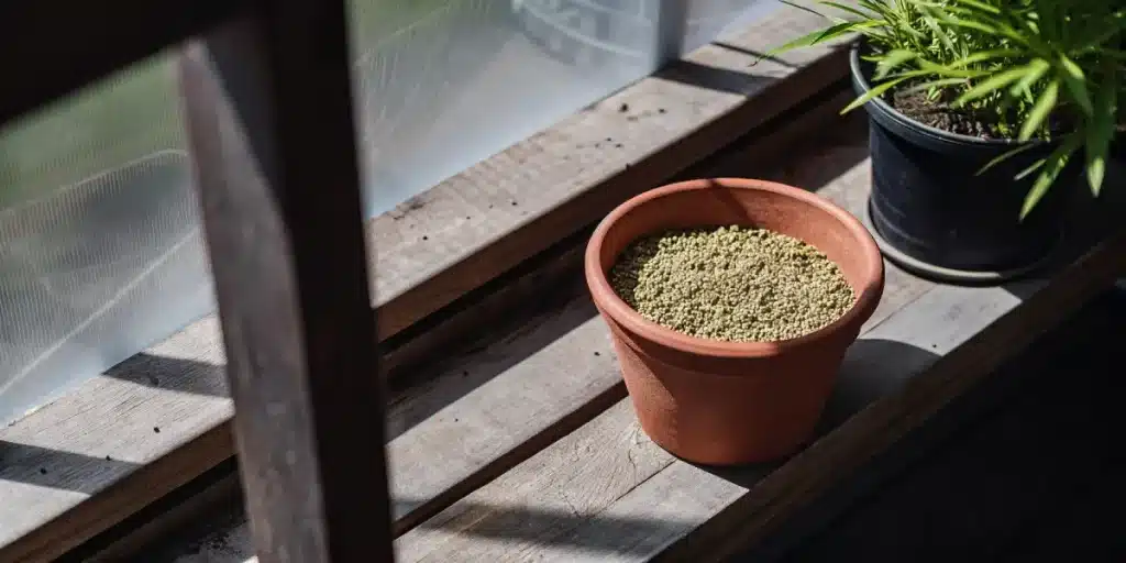 Pot en terre cuite rempli de graines de cannabis posé sur une étagère en bois dans une serre avec plante en arrière-plan