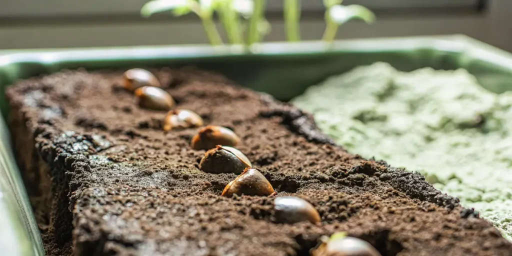 Graines de cannabis plantées dans un substrat de culture, disposées en ligne et légèrement recouvertes de terre pour assurer une germination optimale.