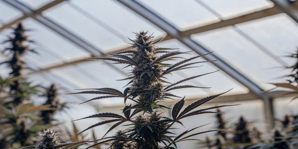 gros plan d’une plante de cannabis en pleine floraison cultivée sous serre avec lumière naturelle filtrée