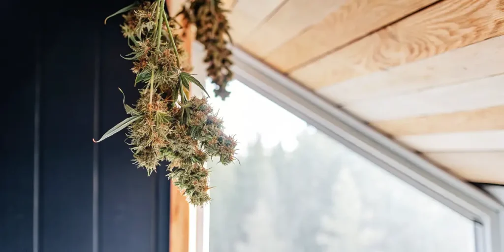 Gros plan sur une grappe de fleurs de cannabis en séchage suspendue près d’une fenêtre, avec des têtes résineuses et des pistils visibles.