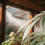 Humidification d’une feuille de cannabis en serre, montrant une pulvérisation fine pour maintenir une humidité optimale.