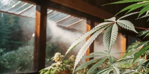 Humidification d’une feuille de cannabis en serre, montrant une pulvérisation fine pour maintenir une humidité optimale.