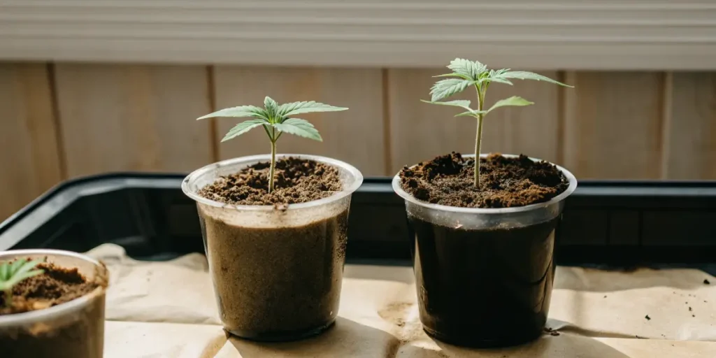 Jeunes plants de cannabis cultivés en intérieur sous lampes LED avec un substrat humide.