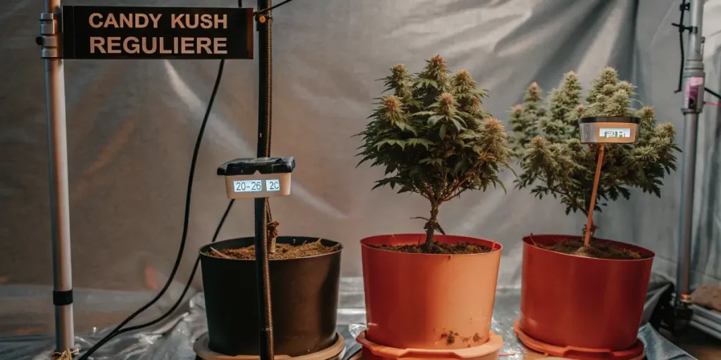 Indoor candy kush regular plants dans des pots avec mesures numériques pour température et pH.
