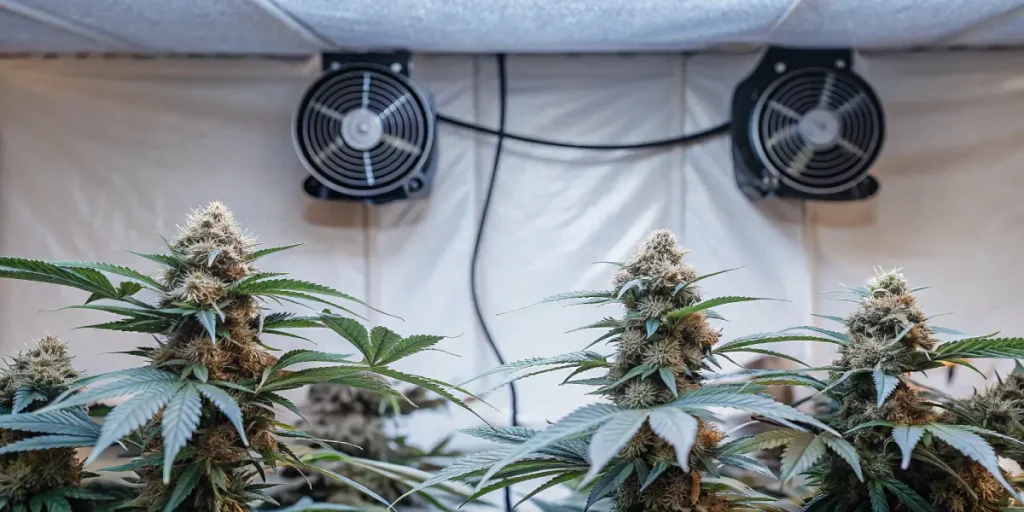 Indoor cannabis fleurs ventilation tente montrant des têtes résineuses et deux ventilateurs muraux.