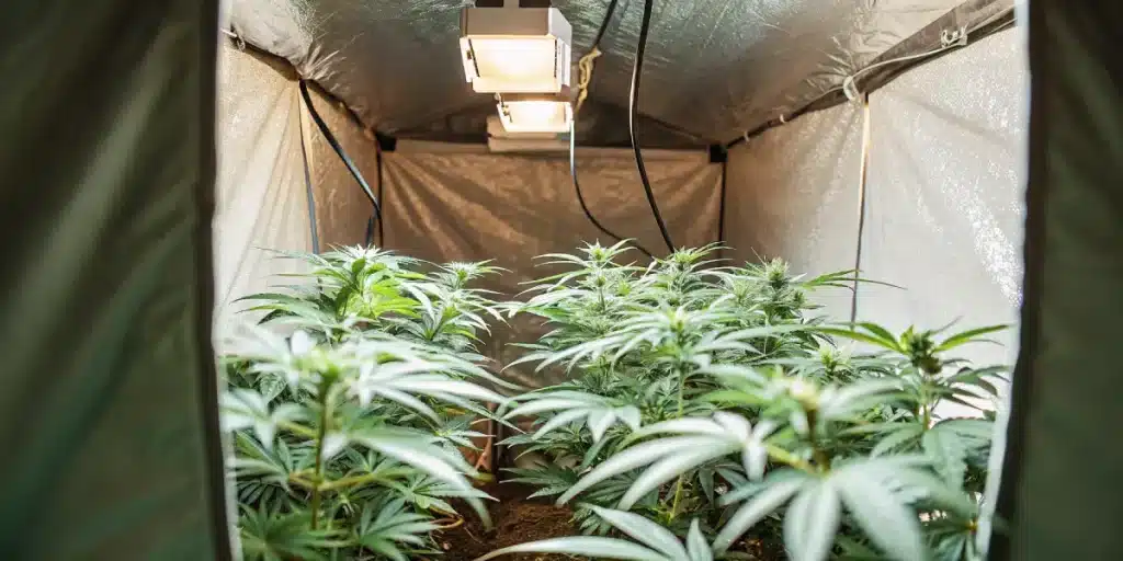 Indoor cannabis grow tent lighting éclairant des plantes vigoureuses sous lampes puissantes dans une tente de culture.