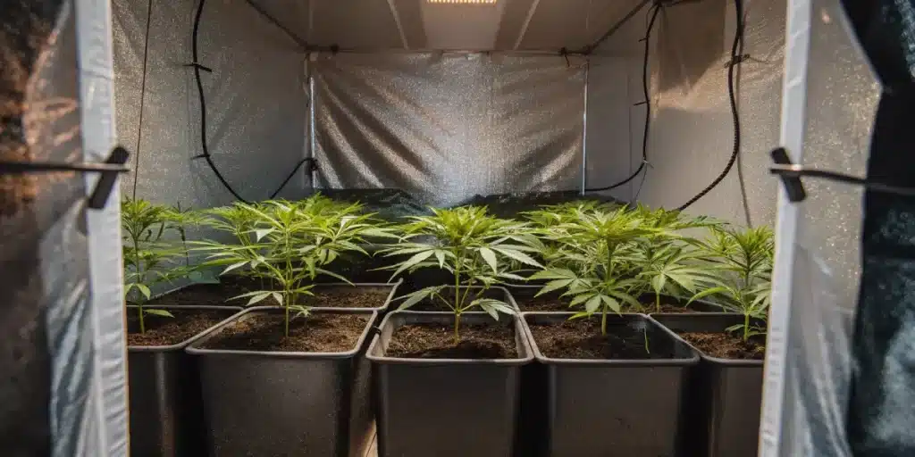 Young cannabis plants growing in an indoor grow tent with pots arranged in rows.