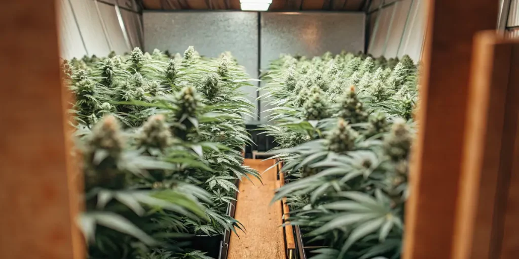 Indoor cannabis grow tunnel rempli de plantes en floraison alignées sous lumière intense.