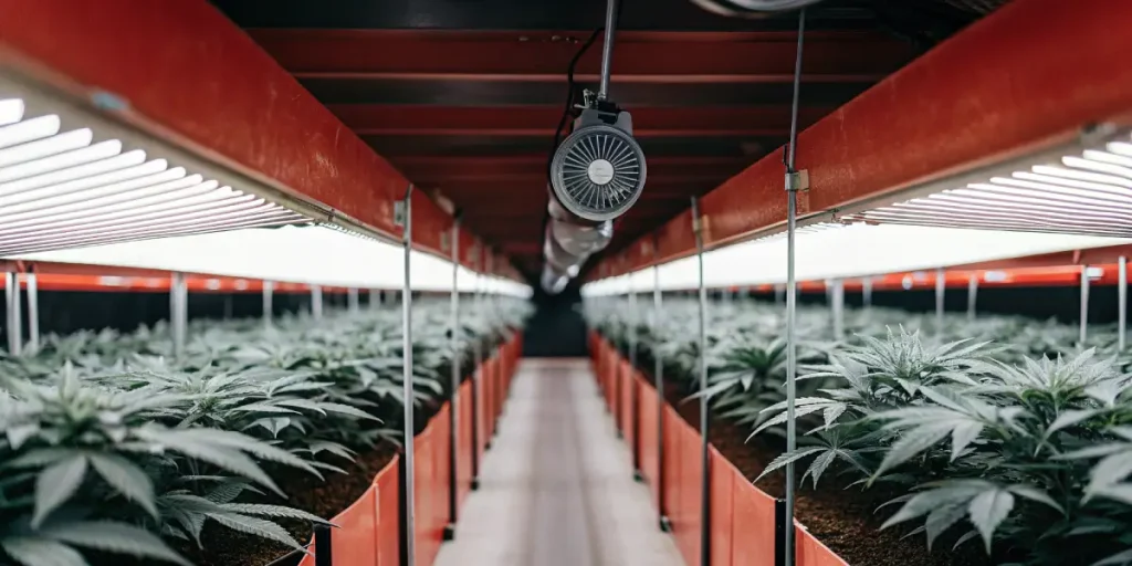 Indoor-cannabis-lighting-system avec rangées de plantes sous lampes LED blanches et ventilateur suspendu.
