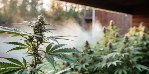Indoor cannabis plant in flowering stage with visible buds and leaves under controlled humidity mist.
