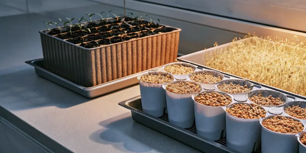 Indoor cannabis sprouting station with soil trays and cups containing germinating seeds under warm lighting.