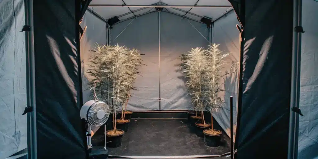 Culture de cannabis en intérieur avec plusieurs plantes hautes dans une tente équipée d'un ventilateur.