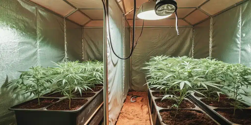 Indoor cannabis grow room with multiple plants in the vegetative stage under strong lighting.