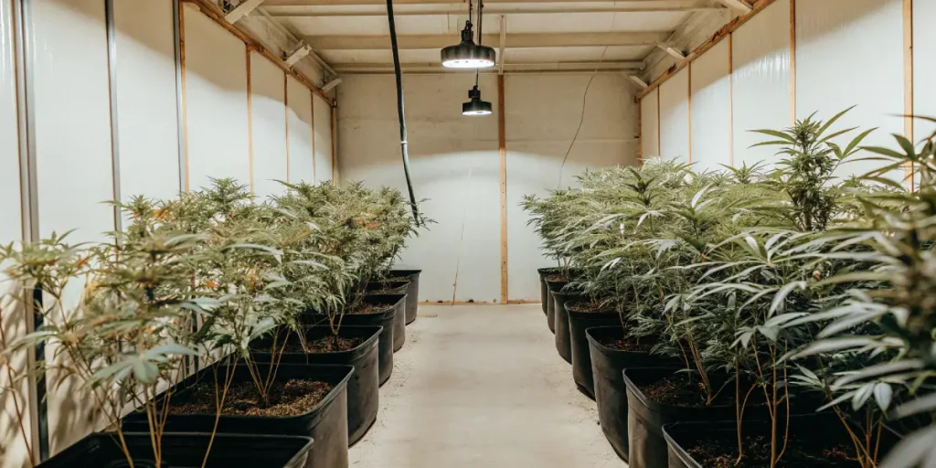 Indoor cultivation carma grow avec rangées de plantes en pots sous éclairage suspendu.