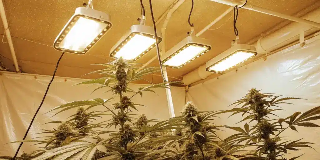 Indoor cultivation yellow light avec grandes têtes de cannabis sous lampes LED chaudes.