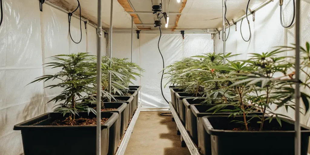 Rangées de plants de cannabis dans une salle de culture intérieure avec pots noirs.