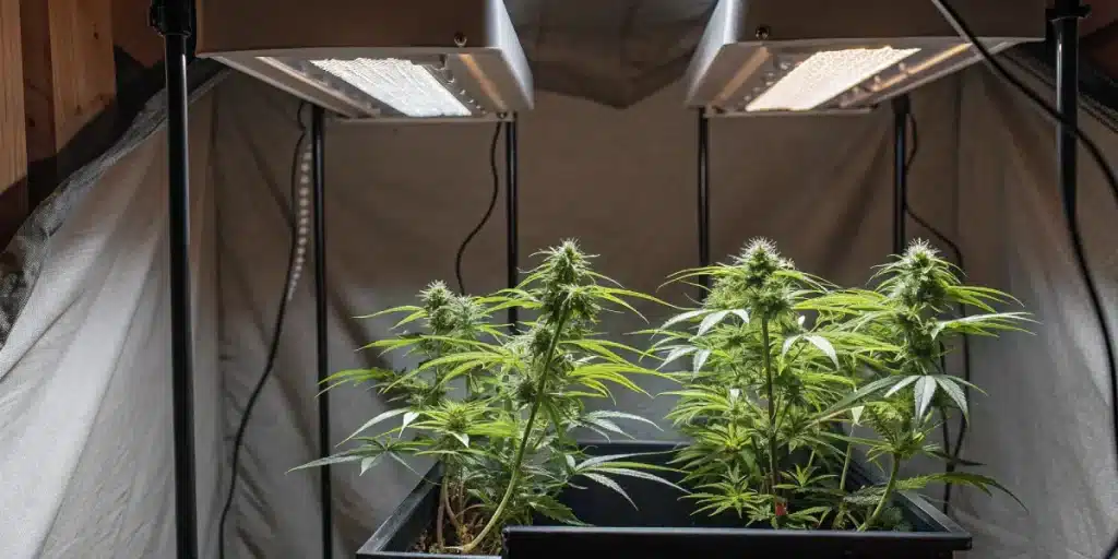 Small indoor cannabis plants positioned beneath two LED grow panels in an enclosed grow tent.