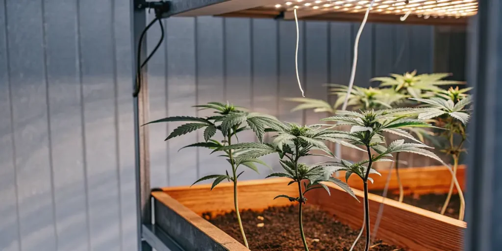 Young cannabis plants growing in wooden beds under bright LED grow lights inside an indoor cultivation setup.